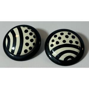 Vintage Black White Polka Dot Stripe Clip-On Earrings Retro Mod 1.75"